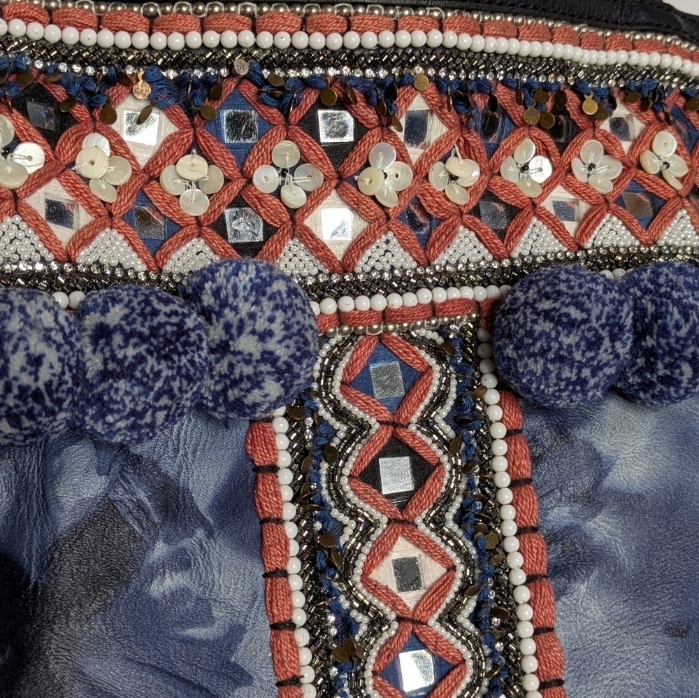 Rebecca Minkoff Dreamy Tote Blue Tie Dye Pom & Bead Cotton & Leather Bag - Picture 4 of 12